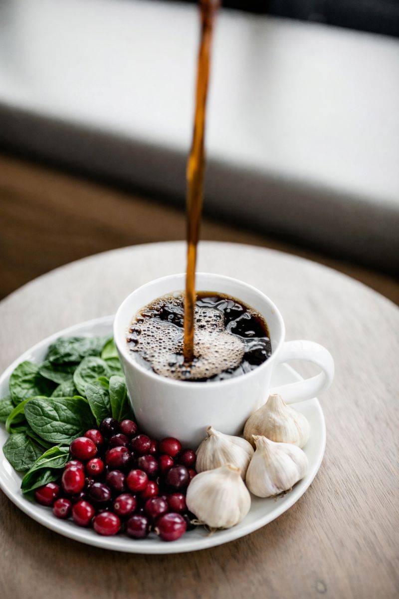 Black coffee with spinach, cranberries, and garlic on a plate, foods shown to support liver health and reduce fatty liver